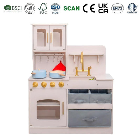 Pretend Play Kitchen  Modern Wooden Playsets with Gold Accessories Storage Baskets and Pots Cooking Toy for Kids Toddlers