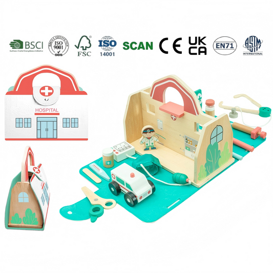 Portable Foldable Wooden Hospital Toy Set Accessories Ambulance Kids Doctor Pretend Play Carry-Along Medical Playsets