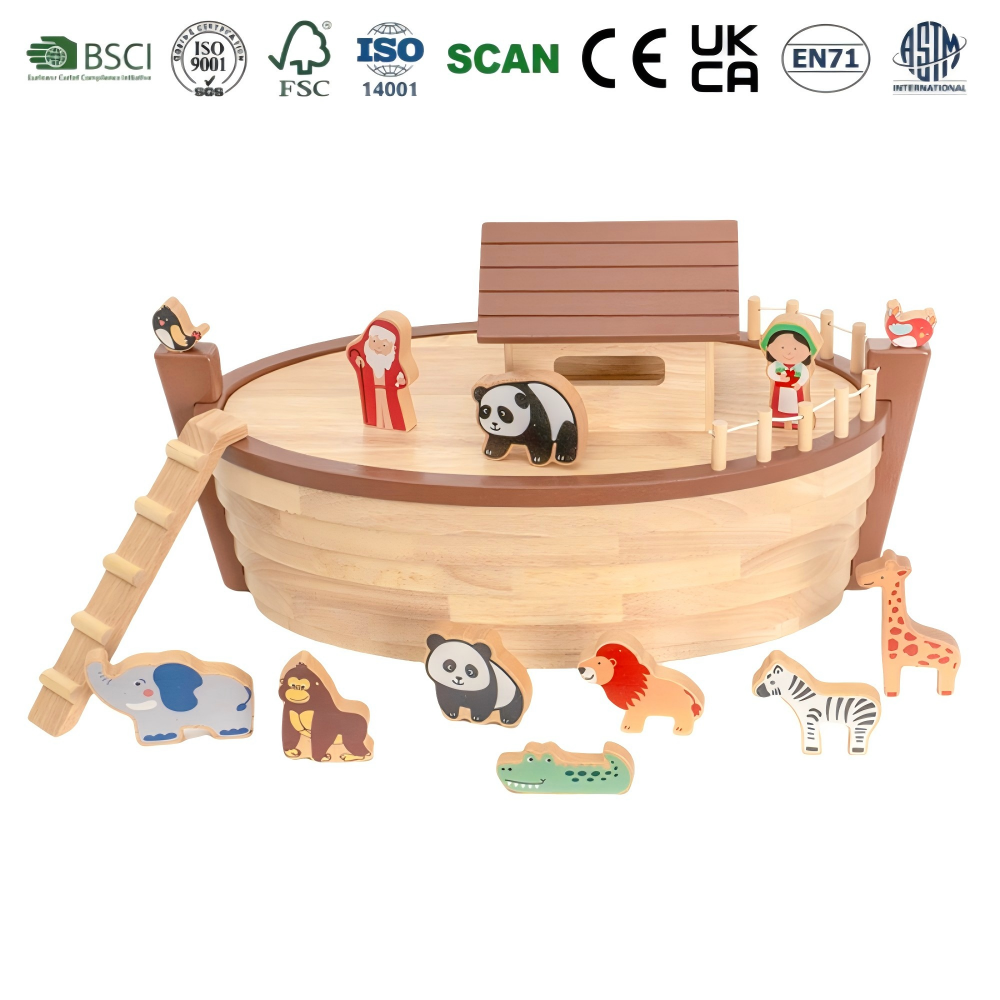 Noah's Ark Toy Wooden Animal Play Set Shape Sorter Game Wood Train Sets for Kids Wooden Abc Cube Set Wooden Alphabet OEM ODM