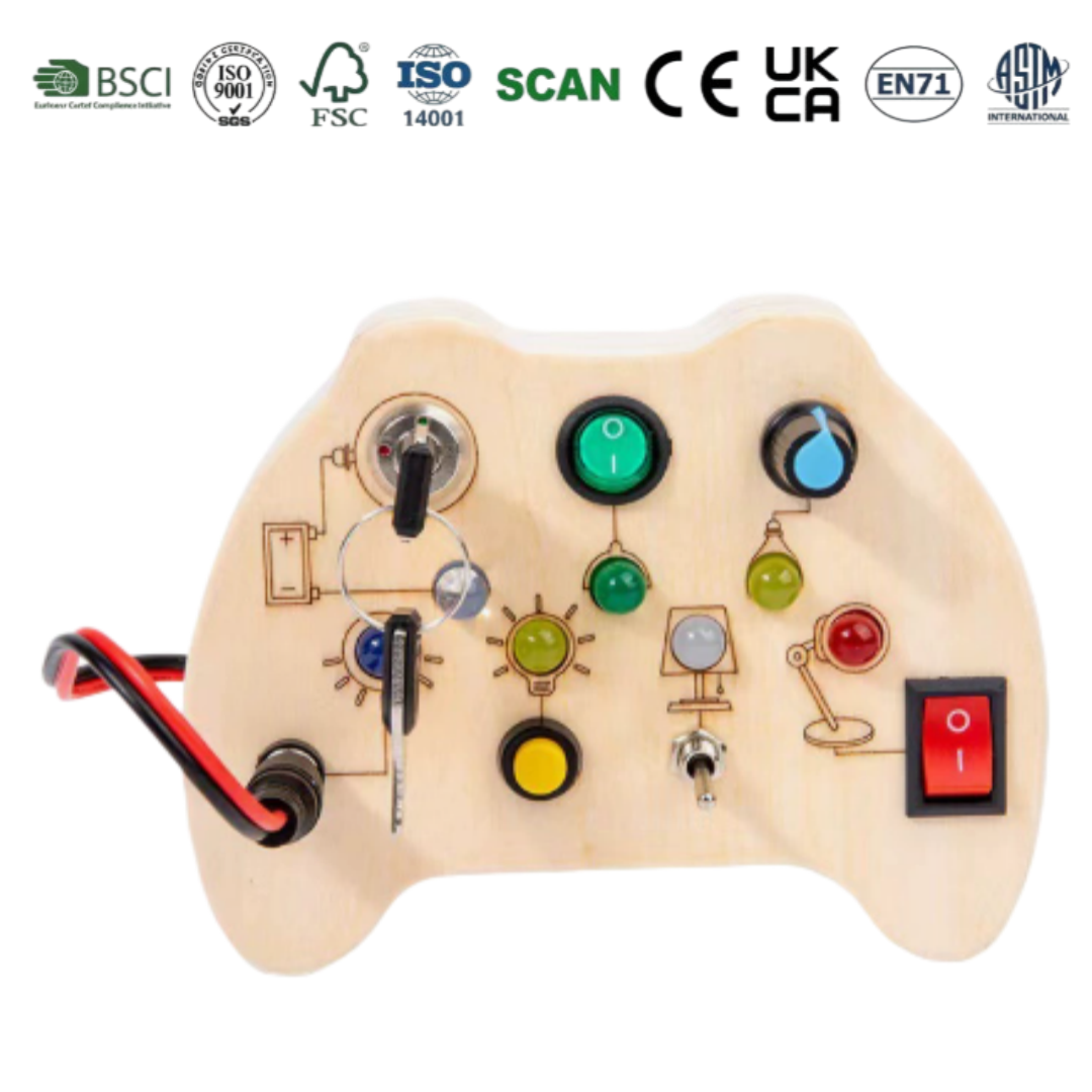 Wooden Busy Board Gamepad Design Children's Educational Games Montessori Sensory Toy CE Certified Interactive with Light Effect