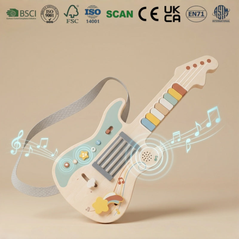 Portable Kids Wooden Guitar-shaped Montessori Toys Built-in Rock Songs Good Playing Experience With Light & Sound Effect