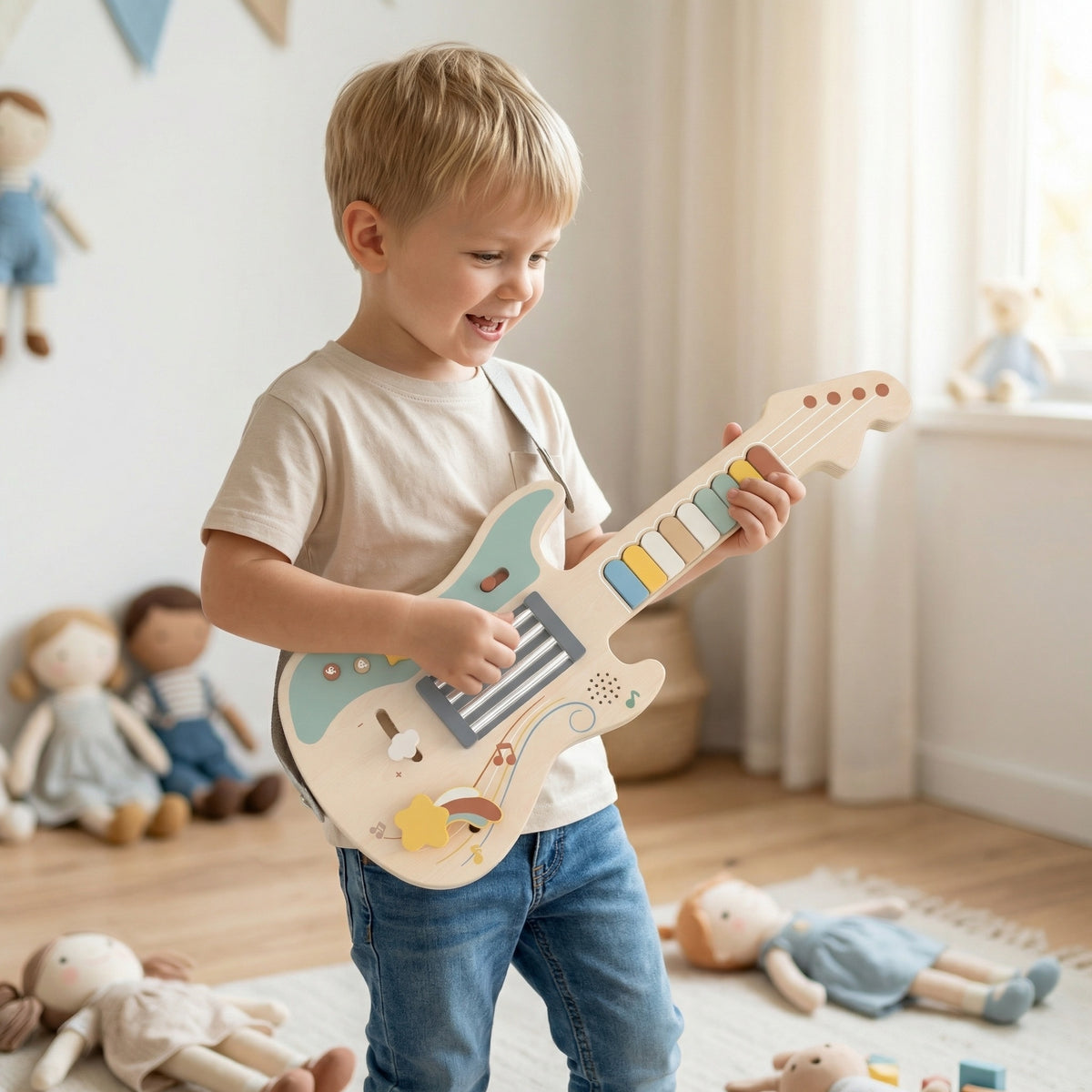 Portable Kids Wooden Guitar-shaped Montessori Toys Built-in Rock Songs Good Playing Experience With Light & Sound Effect