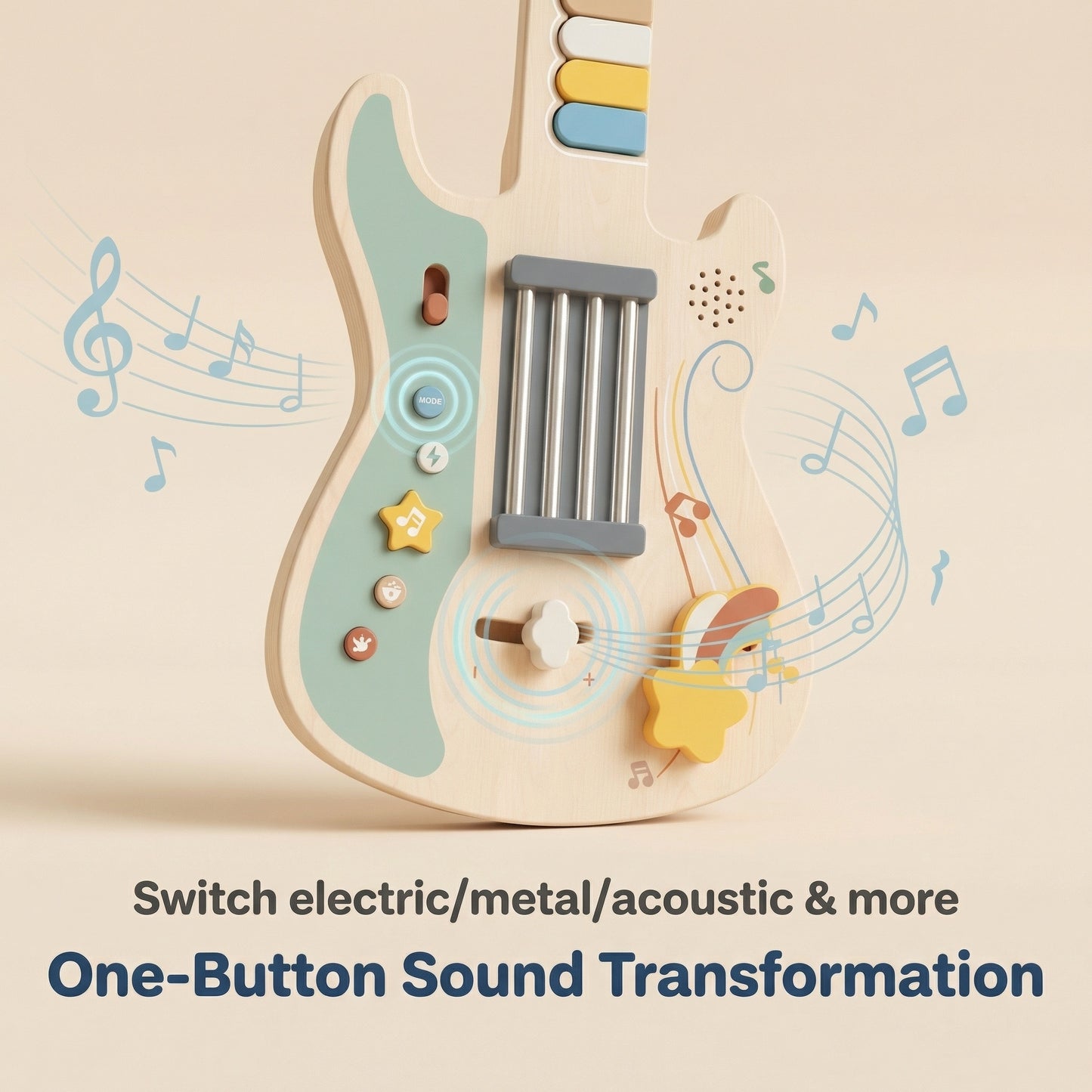 Portable Kids Wooden Guitar-shaped Montessori Toys Built-in Rock Songs Good Playing Experience With Light & Sound Effect