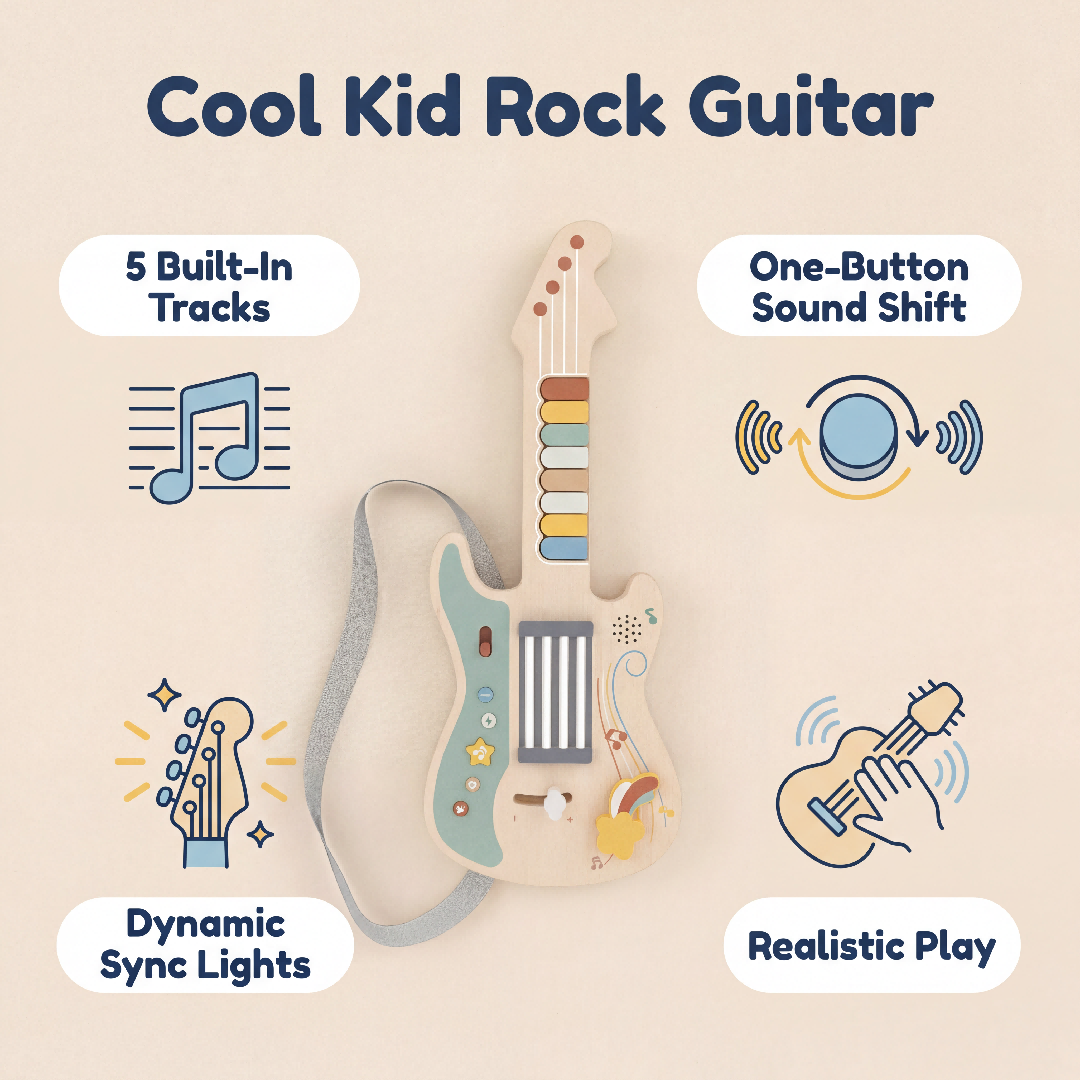 Portable Kids Wooden Guitar-shaped Montessori Toys Built-in Rock Songs Good Playing Experience With Light & Sound Effect