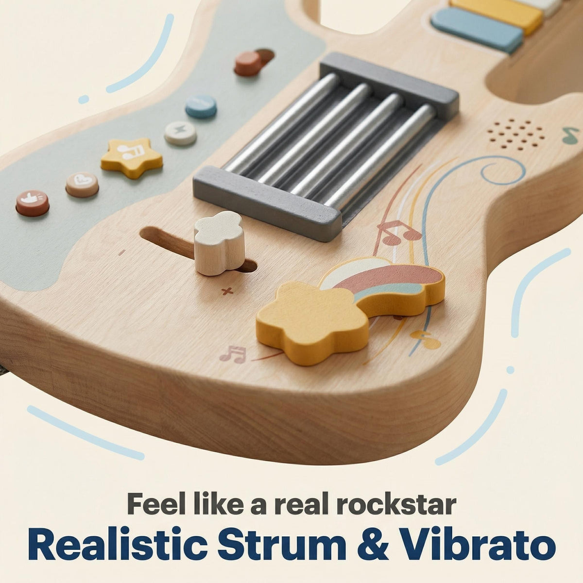 Portable Kids Wooden Guitar-shaped Montessori Toys Built-in Rock Songs Good Playing Experience With Light & Sound Effect