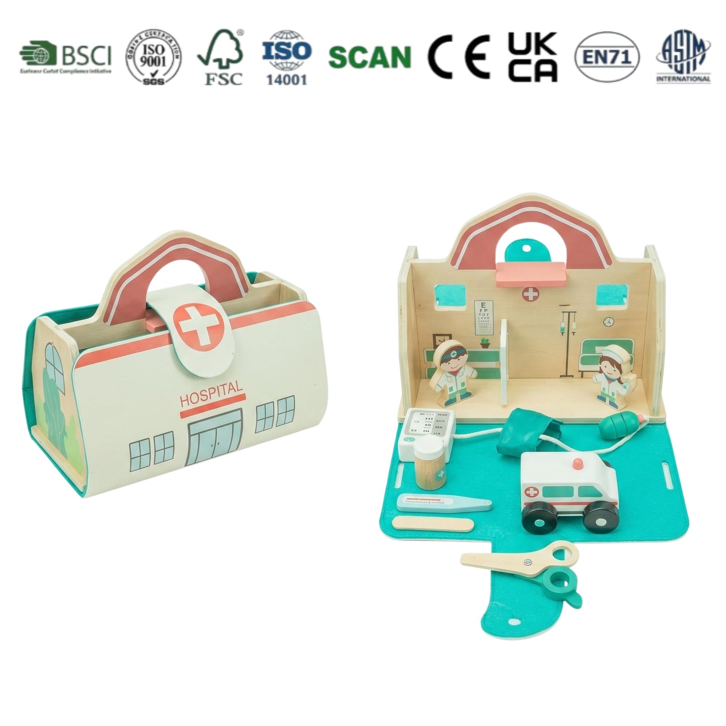 Portable Foldable Wooden Hospital Toy Set Accessories Ambulance Kids Doctor Pretend Play Carry-Along Medical Playsets