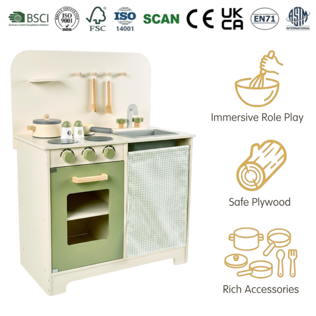 EU/US Standard Wooden Play Kitchen Playsets with Sink Stove and Storage Kids Educational Pretend Play Cooking Toy for Children