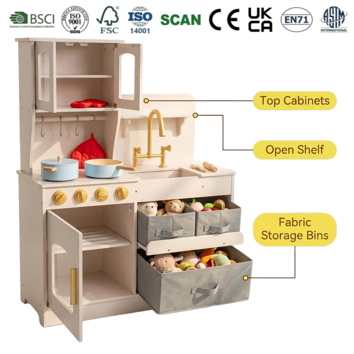 Pretend Play Kitchen  Modern Wooden Playsets with Gold Accessories Storage Baskets and Pots Cooking Toy for Kids Toddlers