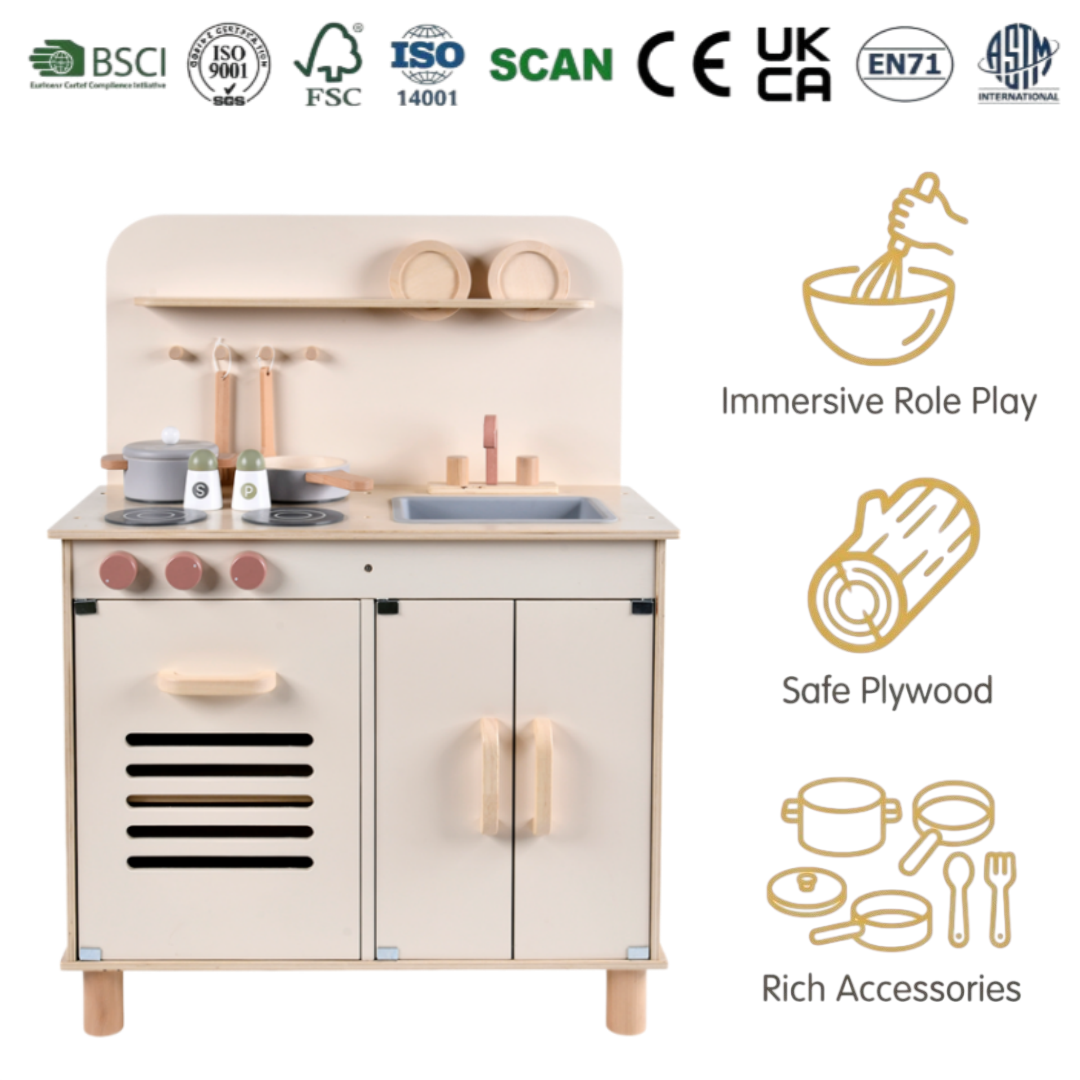 EU/US Standard Wooden Play Kitchen Playsets with Sink Stove and Storage Kids Educational Pretend Play Cooking Toy for Children