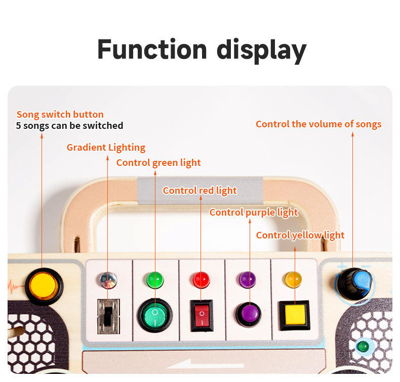 Wooden Busy Board Boombox Shaped Educational Sensory Activity Multifunctional Toy for Fine Motor Skills Development Light&Sound