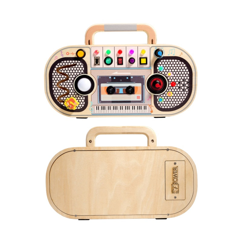 Wooden Busy Board Boombox Shaped Educational Sensory Activity Multifunctional Toy for Fine Motor Skills Development Light&Sound