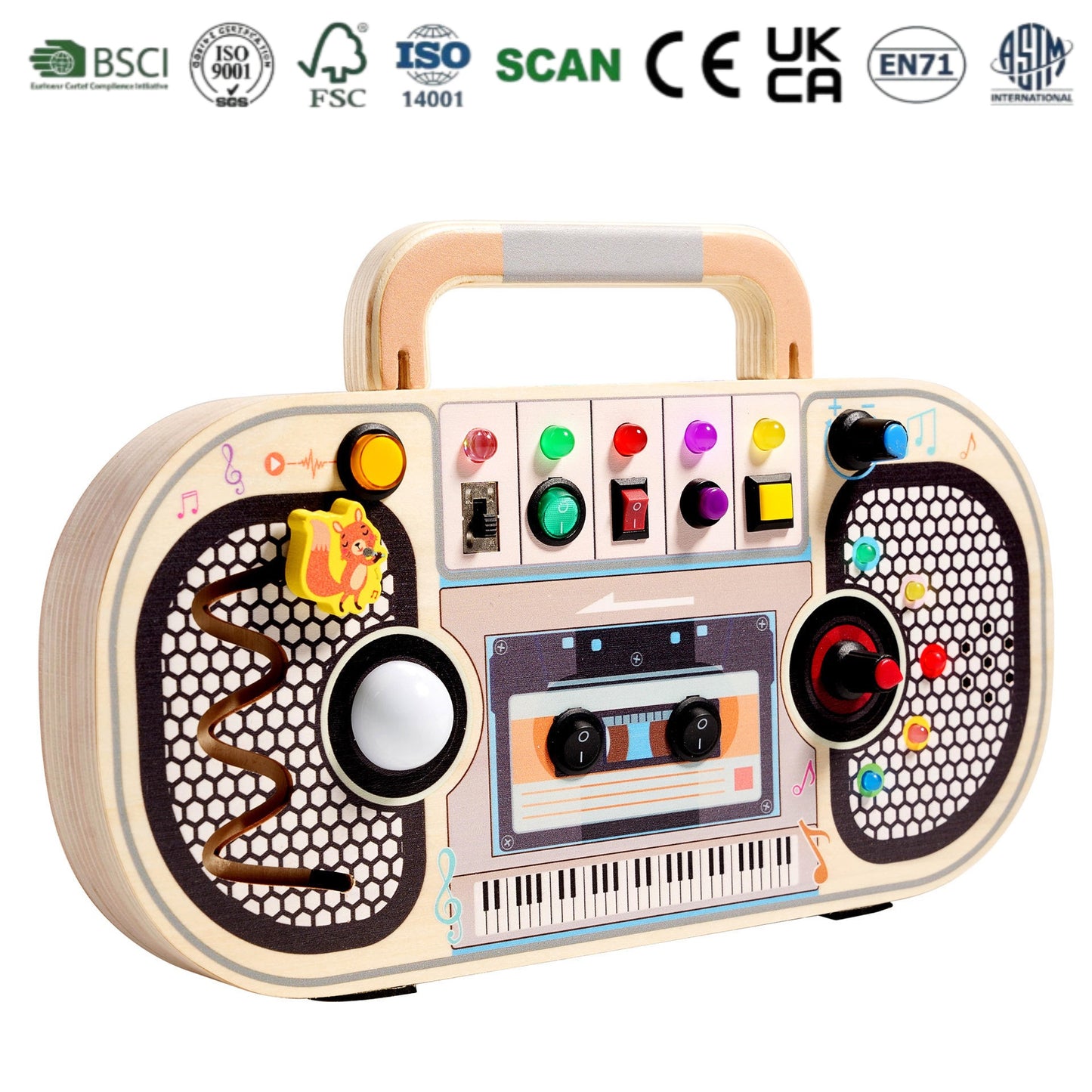 Wooden Busy Board Boombox Shaped Educational Sensory Activity Multifunctional Toy for Fine Motor Skills Development Light&Sound