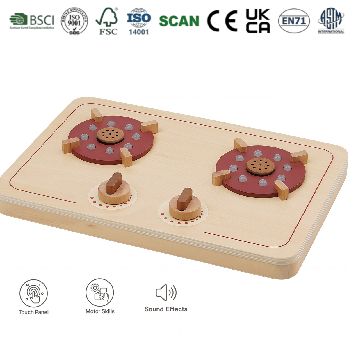 Wooden Gas Stove Toy with Simulated Flame Light and Sound Seafood Cookware Set Kids Pretend Play Cooking Playsets for Children