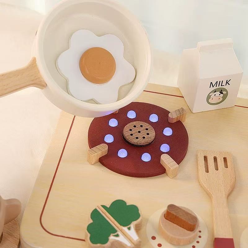 Wooden Gas Stove Toy with Simulated Flame Light and Sound Seafood Cookware Set Kids Pretend Play Cooking Playsets for Children