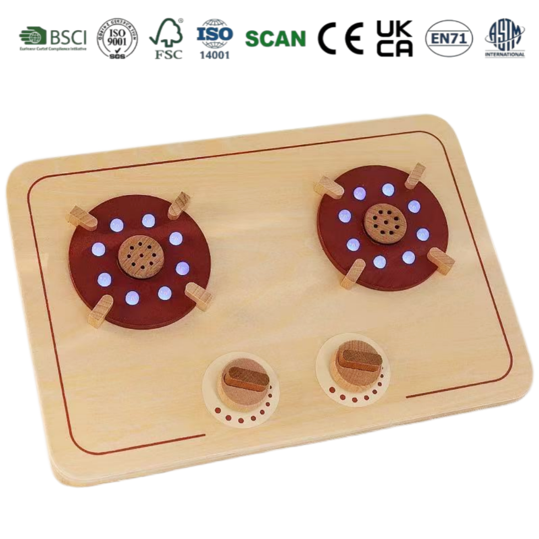 Wooden Gas Stove Toy with Simulated Flame Light and Sound Seafood Cookware Set Kids Pretend Play Cooking Playsets for Children