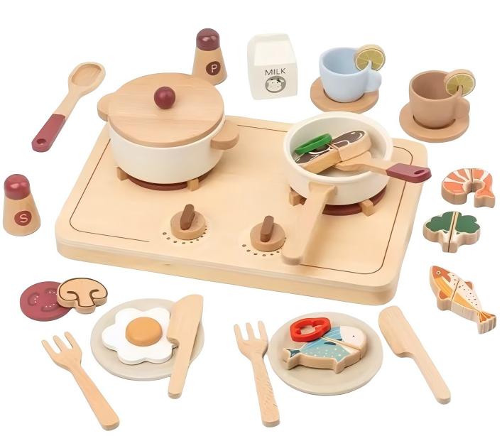 Wooden Gas Stove Toy with Simulated Flame Light and Sound Seafood Cookware Set Kids Pretend Play Cooking Playsets for Children