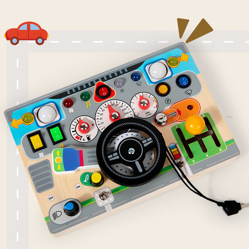 Wooden Car Dashboard Busy Board with Interactive Buttons & Gears EN71 Certified Rechargeable Battery with Light & Sound Effect