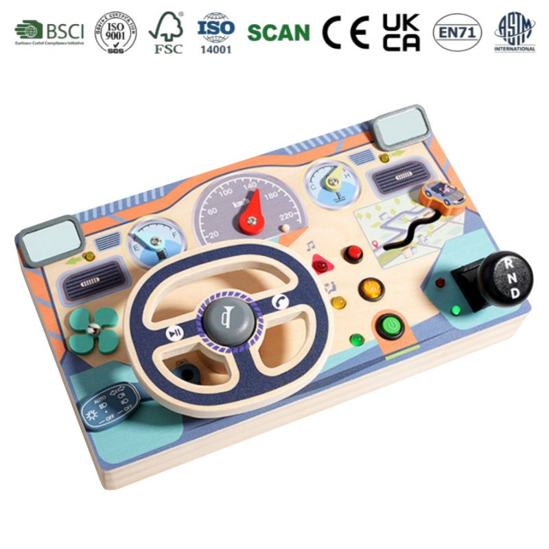 Wooden Driving Simulator Busy Board with Steering Wheel Gear Shift and Dashboard Multifunctional with Light & Sound Effect