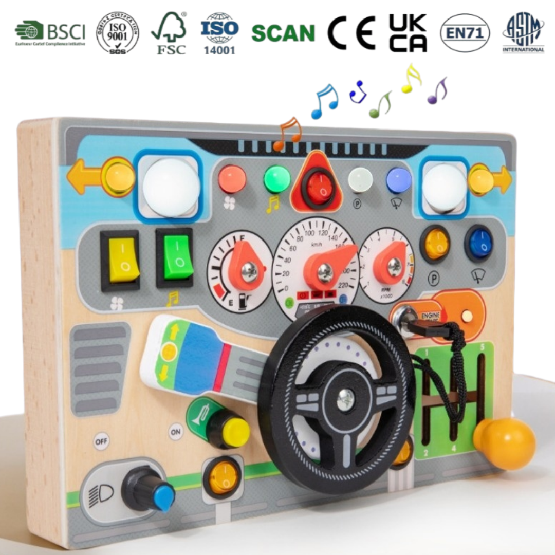 Wooden Car Dashboard Busy Board with Interactive Buttons & Gears EN71 Certified Rechargeable Battery with Light & Sound Effect