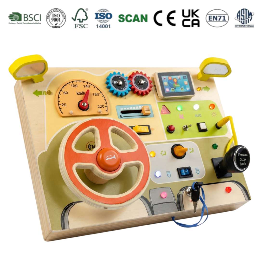 Interactive Wholesale Wooden Driving Simulator Busy Board Kids Sensory Activity Toy All-in-one Dashboard with Light & Sound