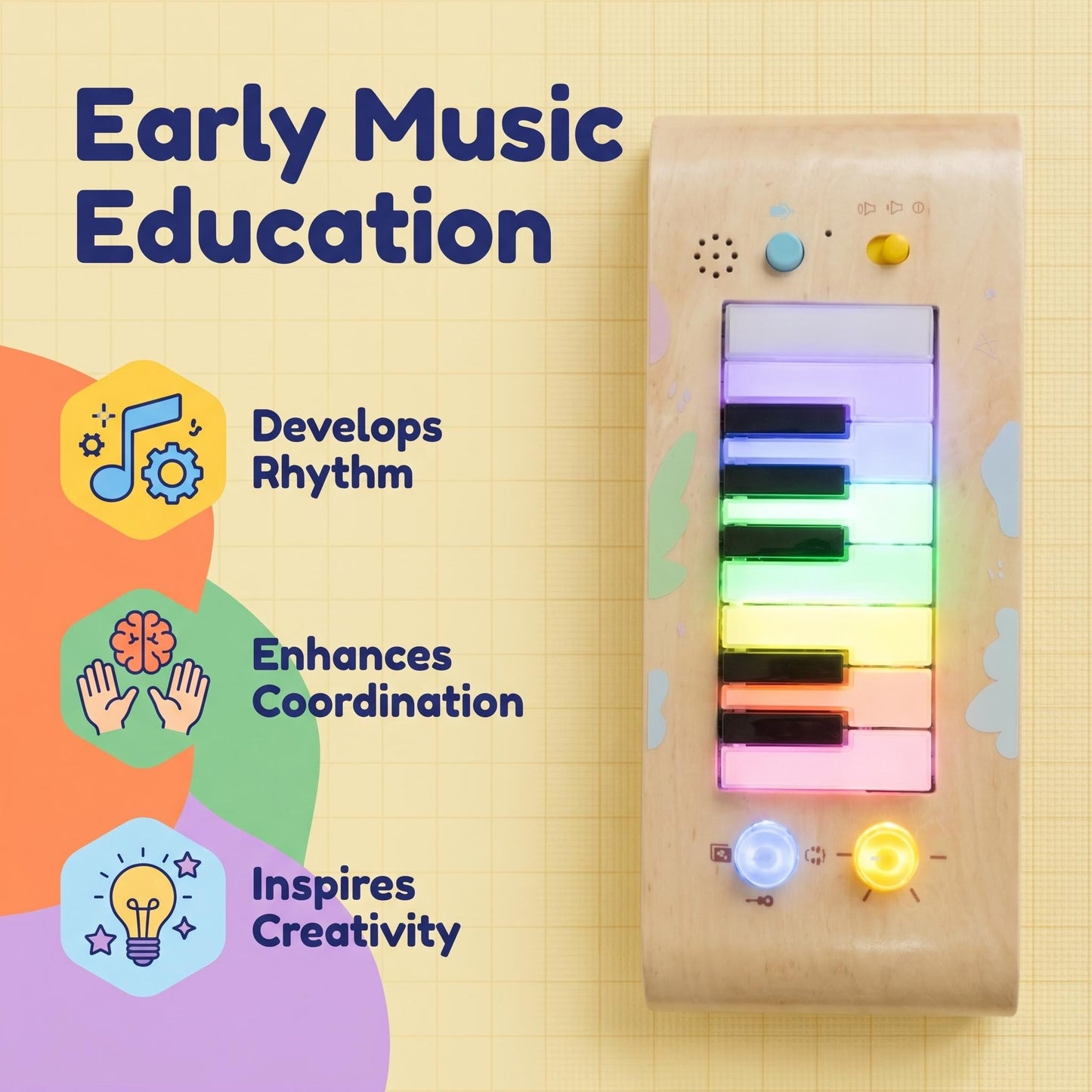 Toddlers Wooden Piano Toy Kids Music Enlightenment Keyboard with Light Educational Rechargeable Interactive Toy Electronic