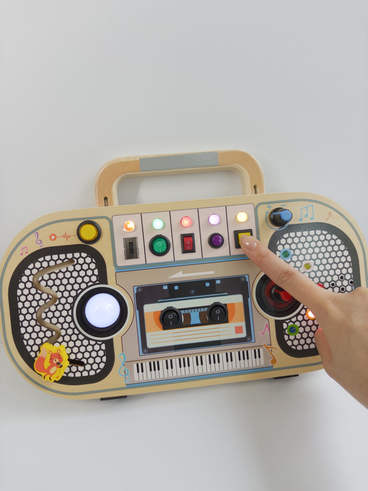 Wooden Busy Board Boombox Shaped Educational Sensory Activity Multifunctional Toy for Fine Motor Skills Development Light&Sound